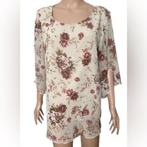 Neineiwu XL Floral Blouse Sheer Overlay Blush Beige Pink Rose Print 3/4 Sleeve
